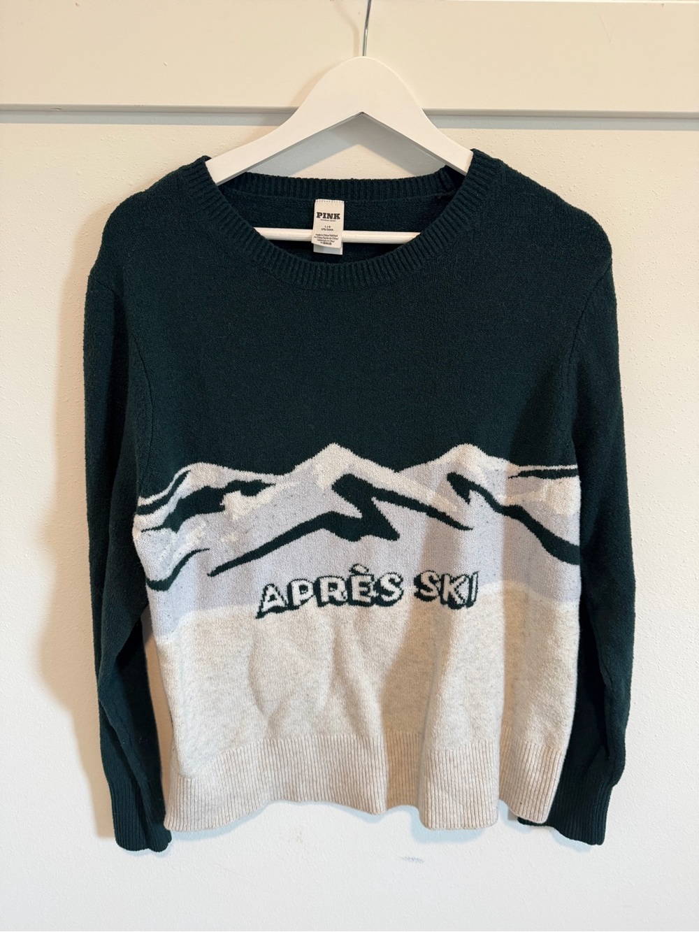 PINK Victoria's Secret Dark Green and Cream 'Après Ski' Crewneck Sweater